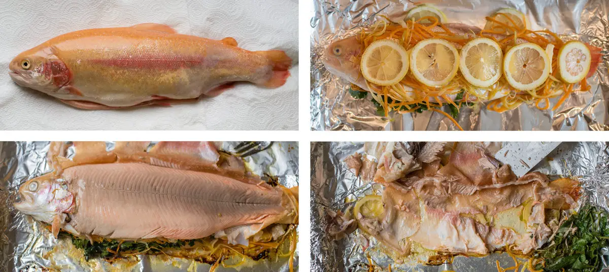 Vier Bilder einer Forelle von der ersten Zubereitung bis zum Verzehr.