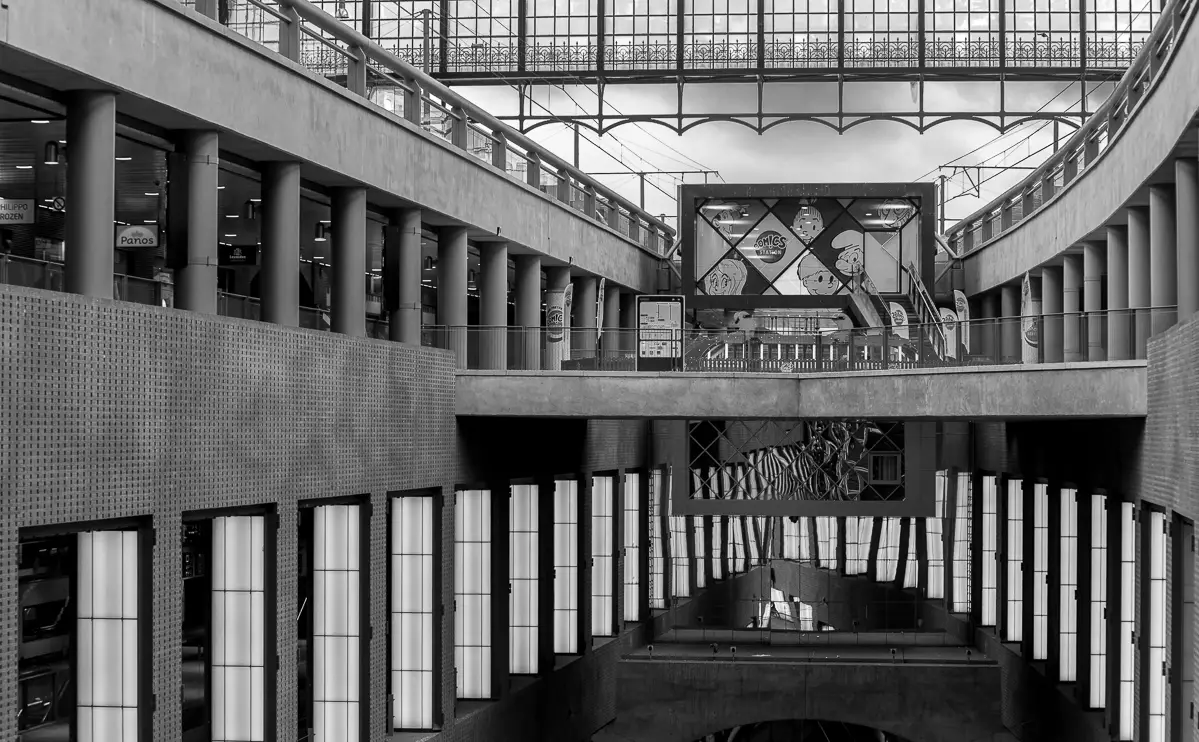 Schwarz-weiß Aufnahme von belgischer Innenarchitektur in Antwerpen