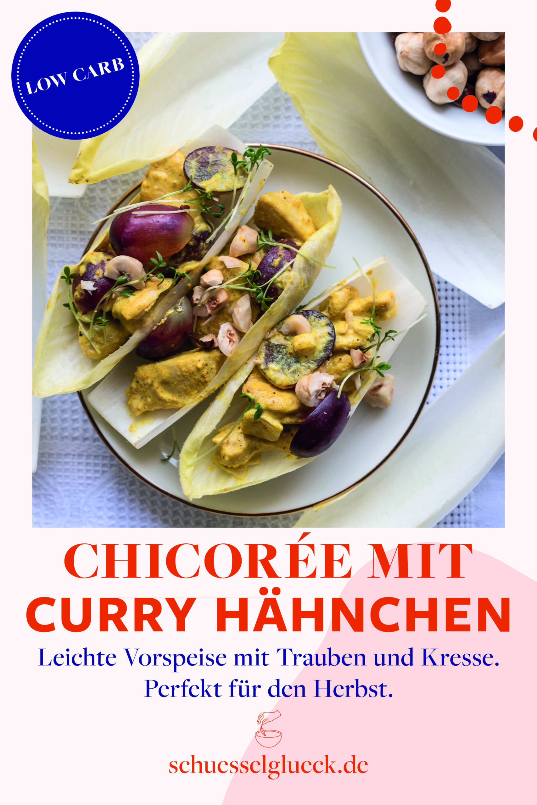 Chicorée Schiffchen mit Curry-Hähnchensalat und gerösteten Haselnüssen
