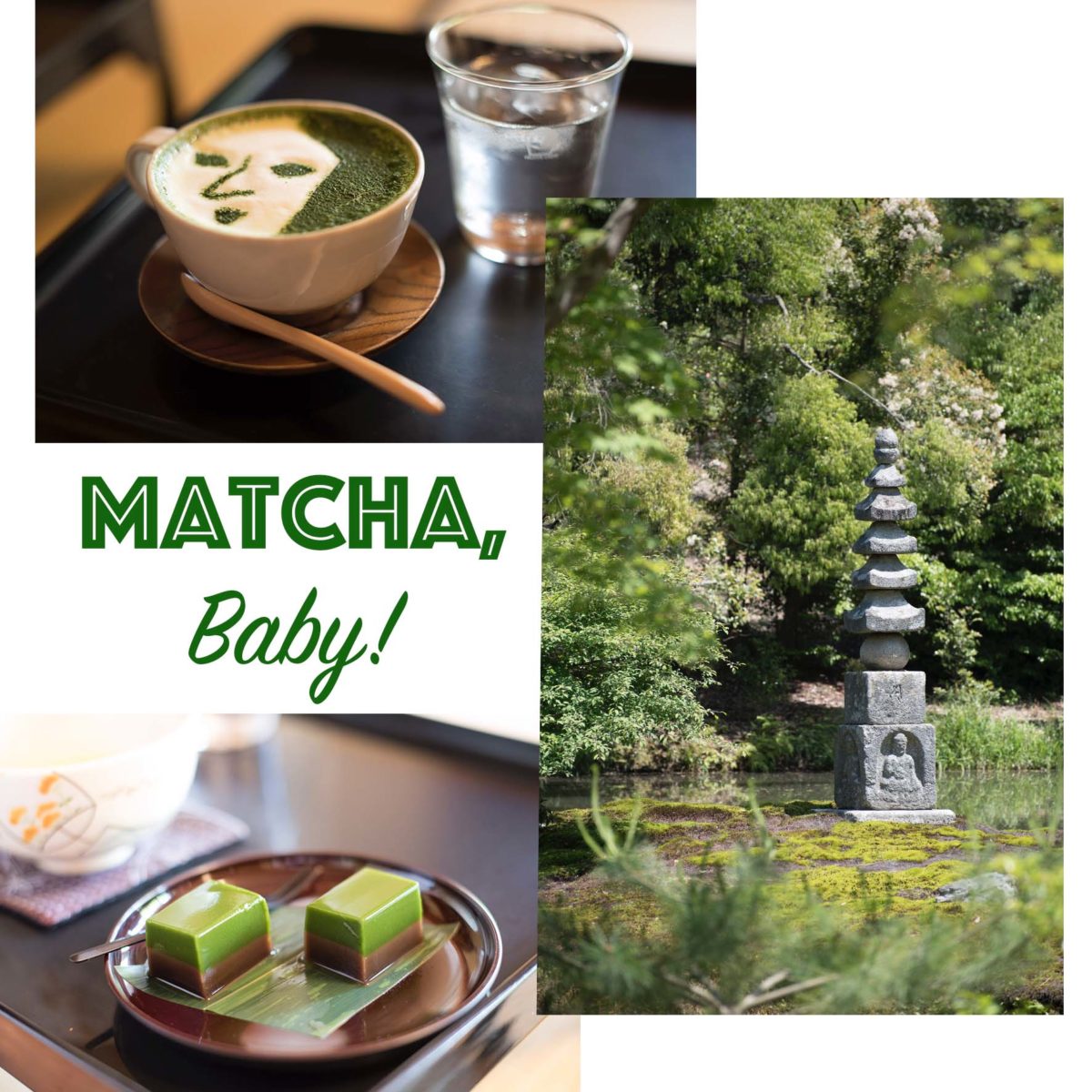Collage mit Matcha Latte, einem kleinen grünem Dessert und einer Grünanlage mit einem Denkmal.