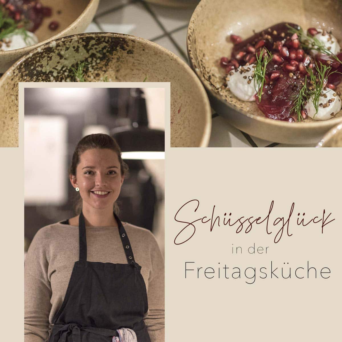 Fotocollage von lächelnder Frau in Kochschürze und einem Rote Bete Dill Salat