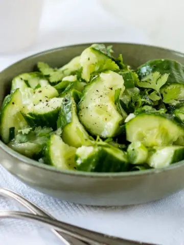 Schale mit grünem Gurkensalat und frischen Kräutern.