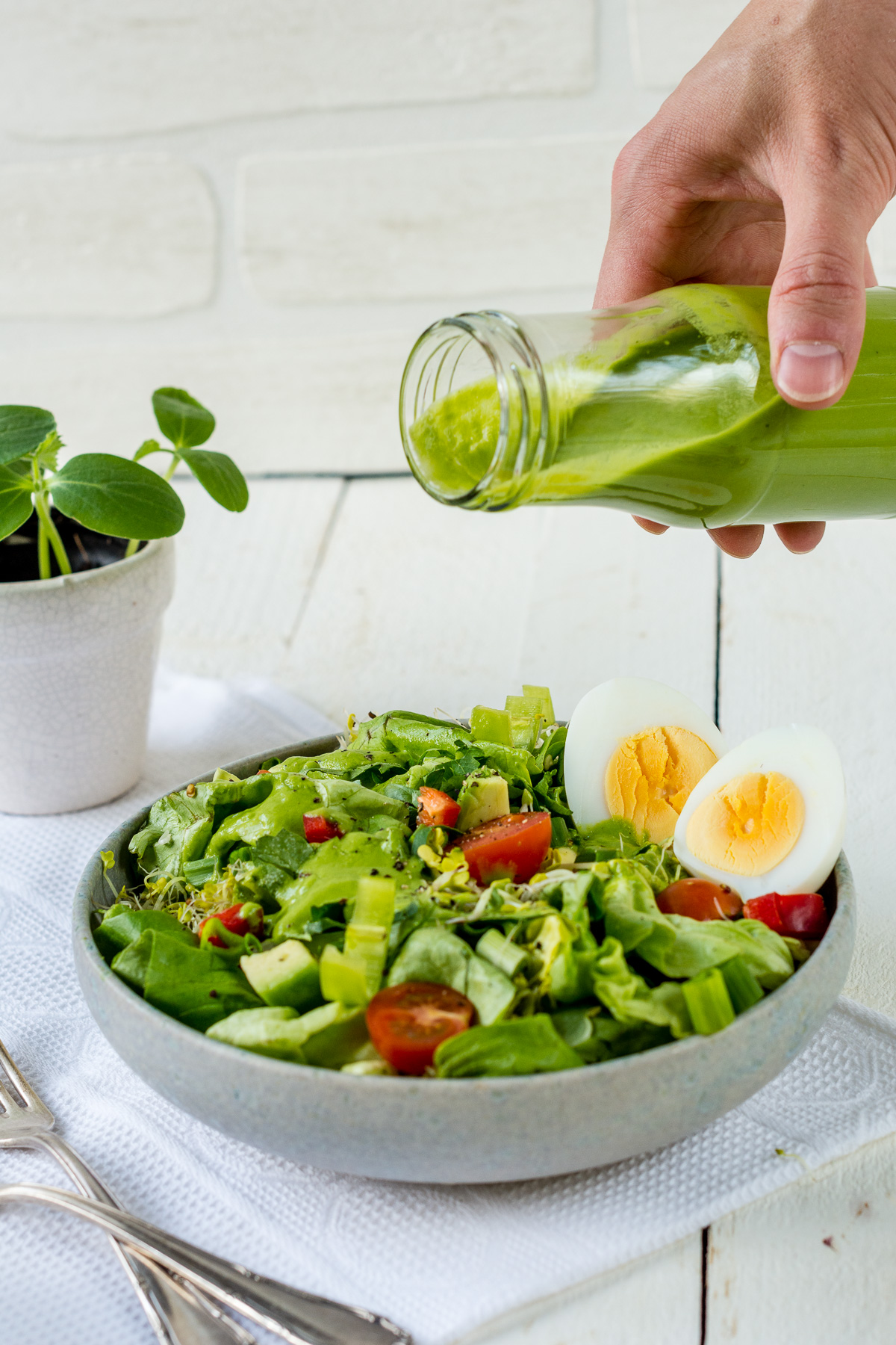 Teller mit grünem Salat, Tomaten und Eiern. Eine Hand hält eine Flasche mit grünem Salatdressing.