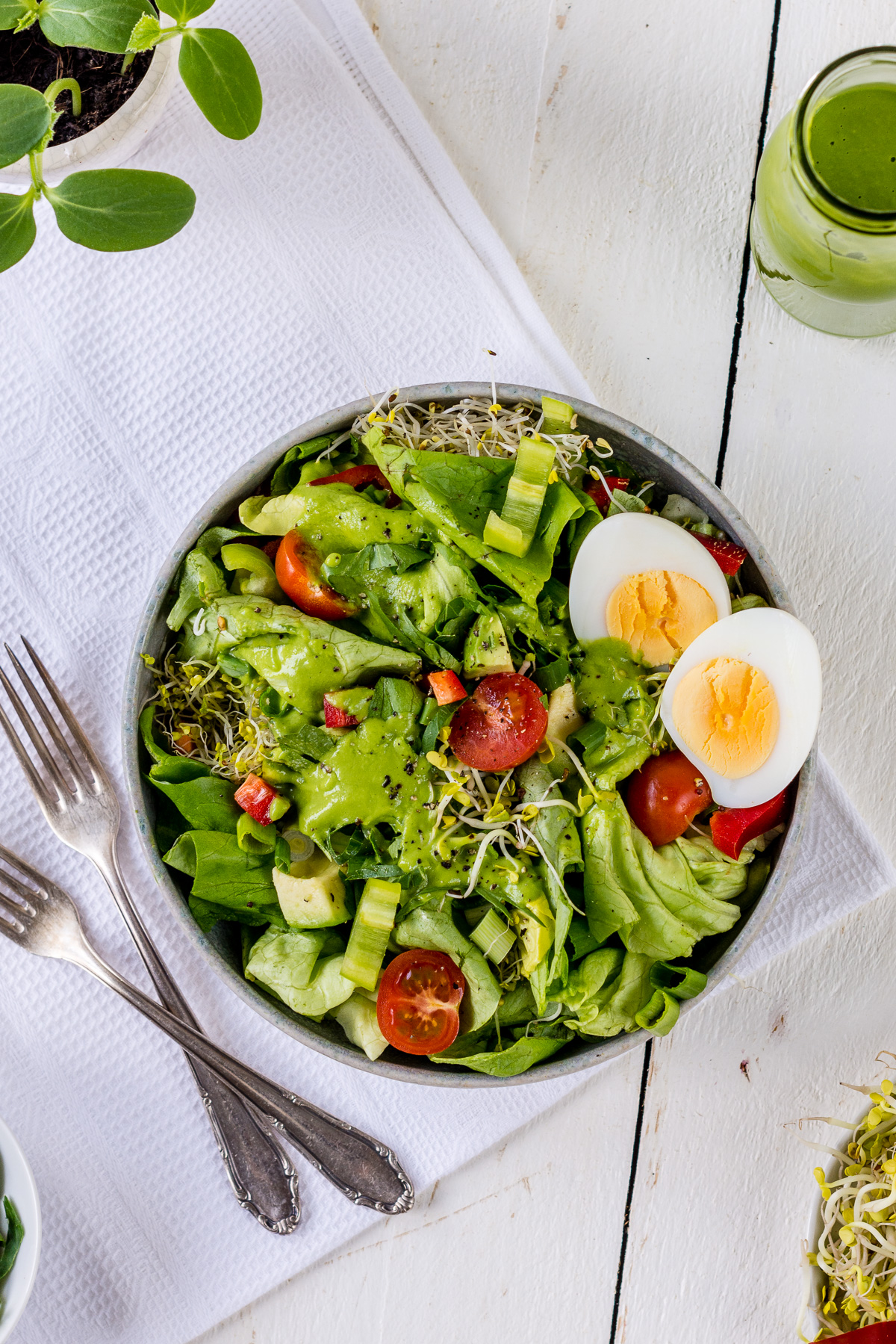 Topshot von Teller mit grünem Salat, Tomaten, Sprossen und zwei Eierhälften