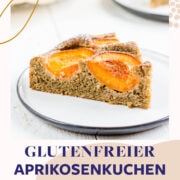 Ein Stück Aprikosenkuchen auf einem weißem Teller.