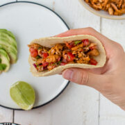 Jackfruit Taco mit frisch gebackenem Tortilla aus Maismehl in einer Hand