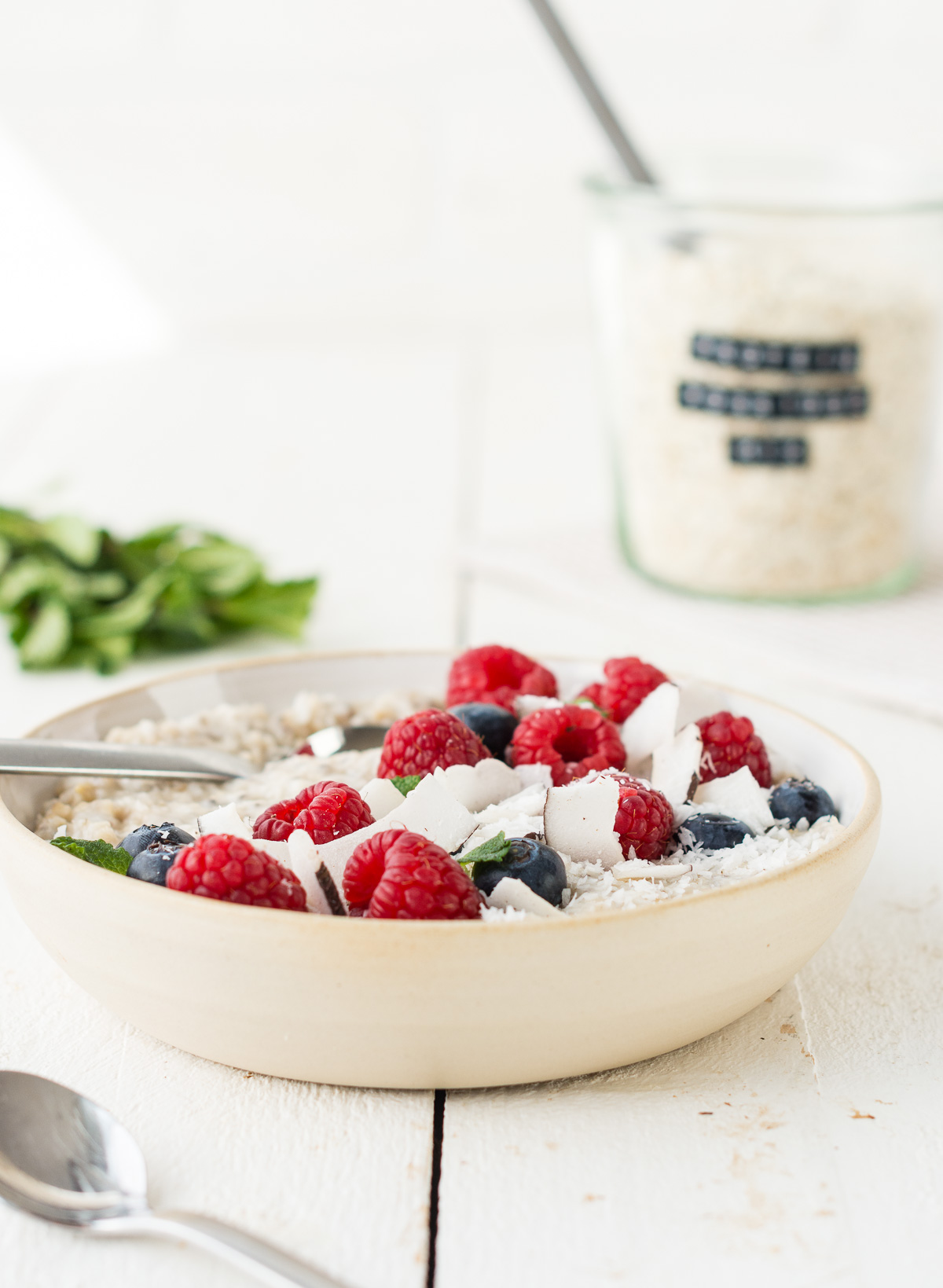 Foto von einer Schüssel Protein Porridge, garniert mit Kokosflocken sowie Blau- und Himbeeren vor weißem Hintergrund.