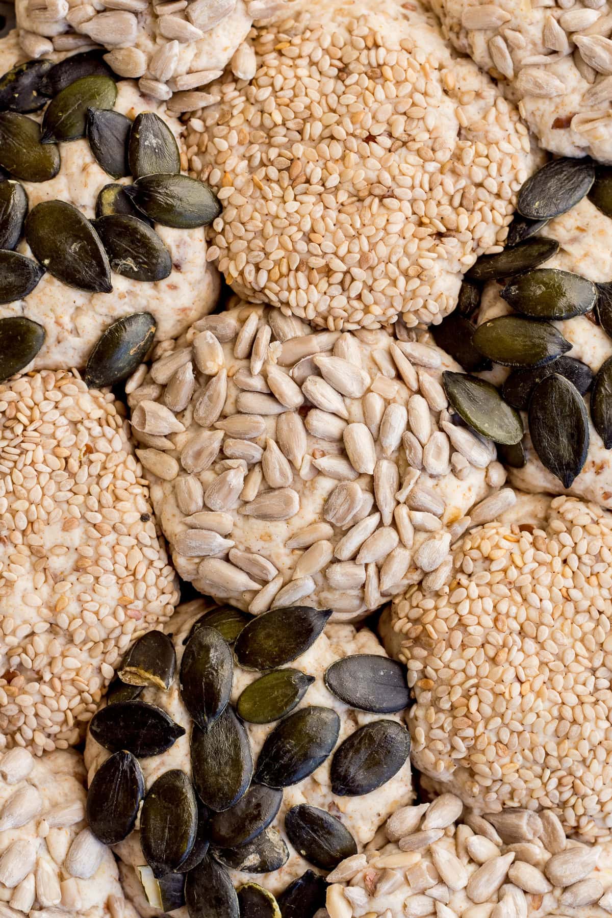 Speichere dieses Foto, um dir das Rezept für diese glutenfreien und veganen Brötchen zu sichern! Close Up von glutenfreien und veganen Brötchen mit Kernen garniert.